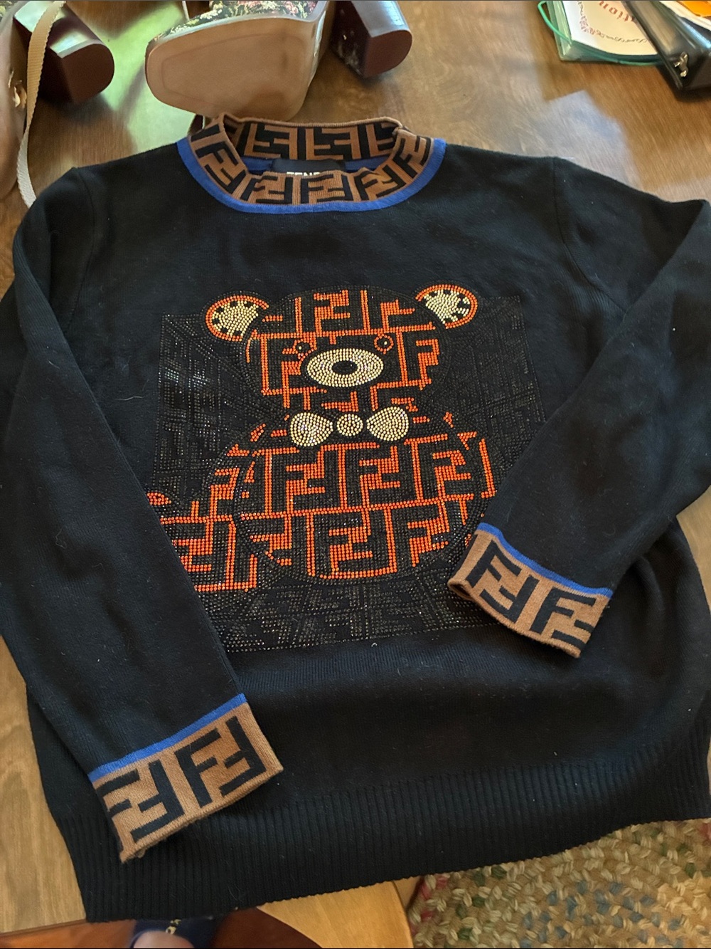 Fendi Black Crewneck Sweater with Orange Bear FF Motif